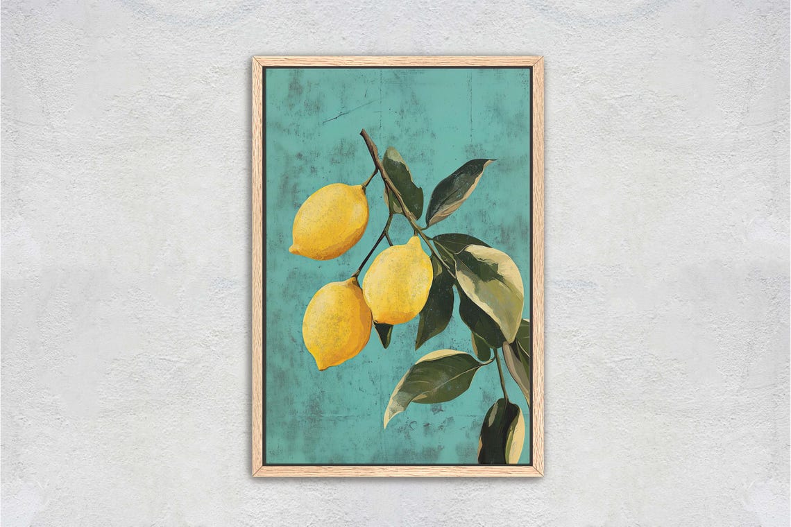 Vintage Lemons On Branch Teal Distressed Kitchen Fruit Poster