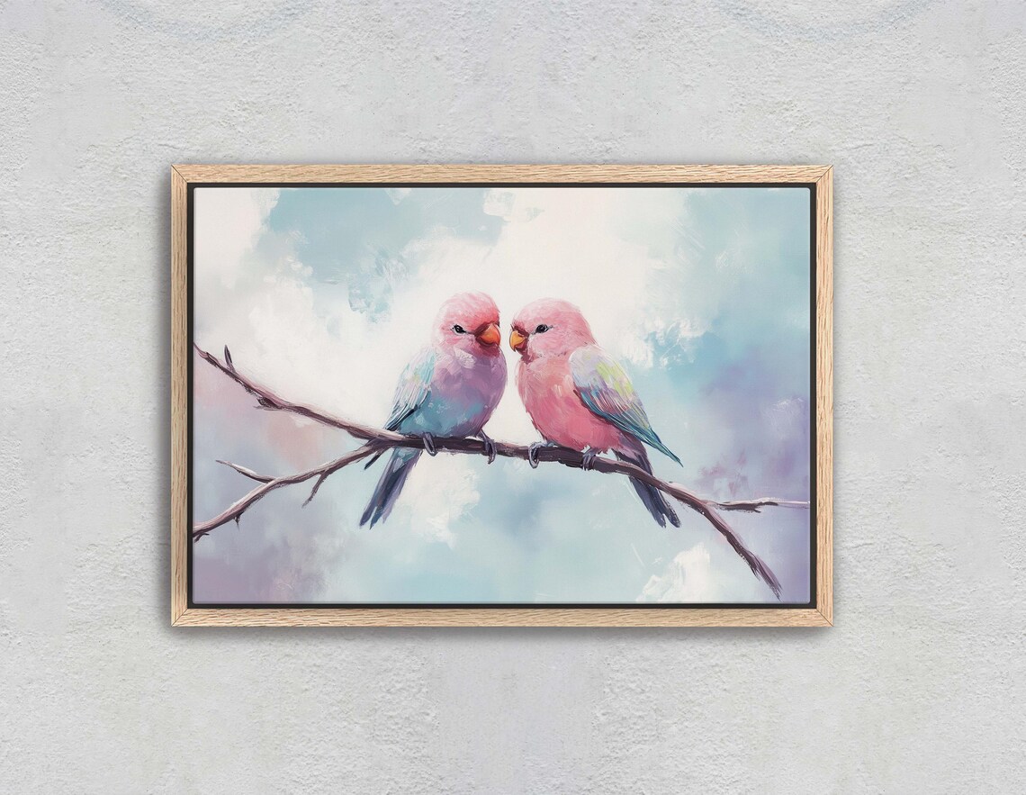Pastel Pink Lovebirds Pair On Branch Romantic Bird Art Poster