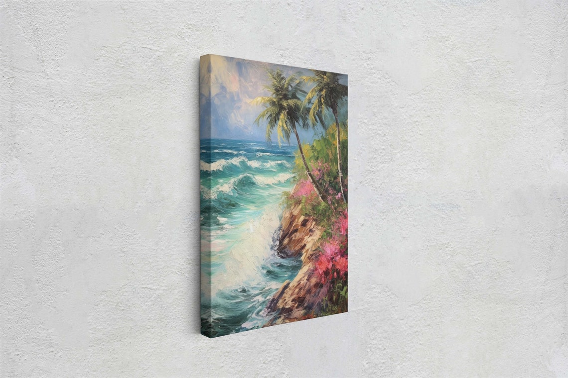 Stormy Beach On Cliffside Waves Flower Beach Palm Trees Tropical Vacation Framed Nature Decor Portrait - Image 2
