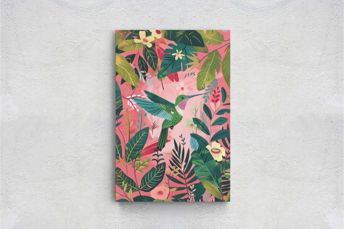 Hummingbird Pink Framed Tropical Art Maximalist Jungle Botanical Print Bold Eclectic Pink Art - Image 2