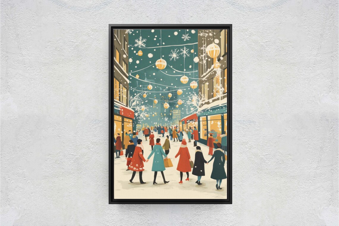 Vintage Christmas Shopping Street Snowy Winter Village Scene Poster - Image 3