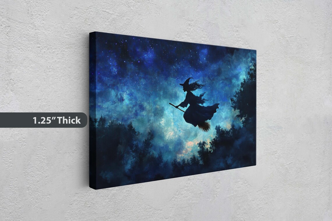 Flying Witch On Broomstick, Whimsical Halloween Art - Image 3