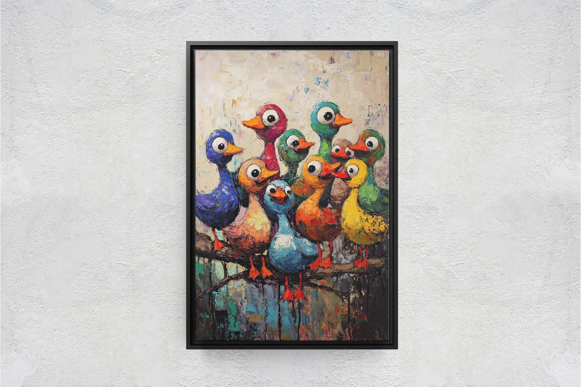 Colorful Cartoon Ducks on Branch Big Eyes Playful Kids Room Art Print - Image 3