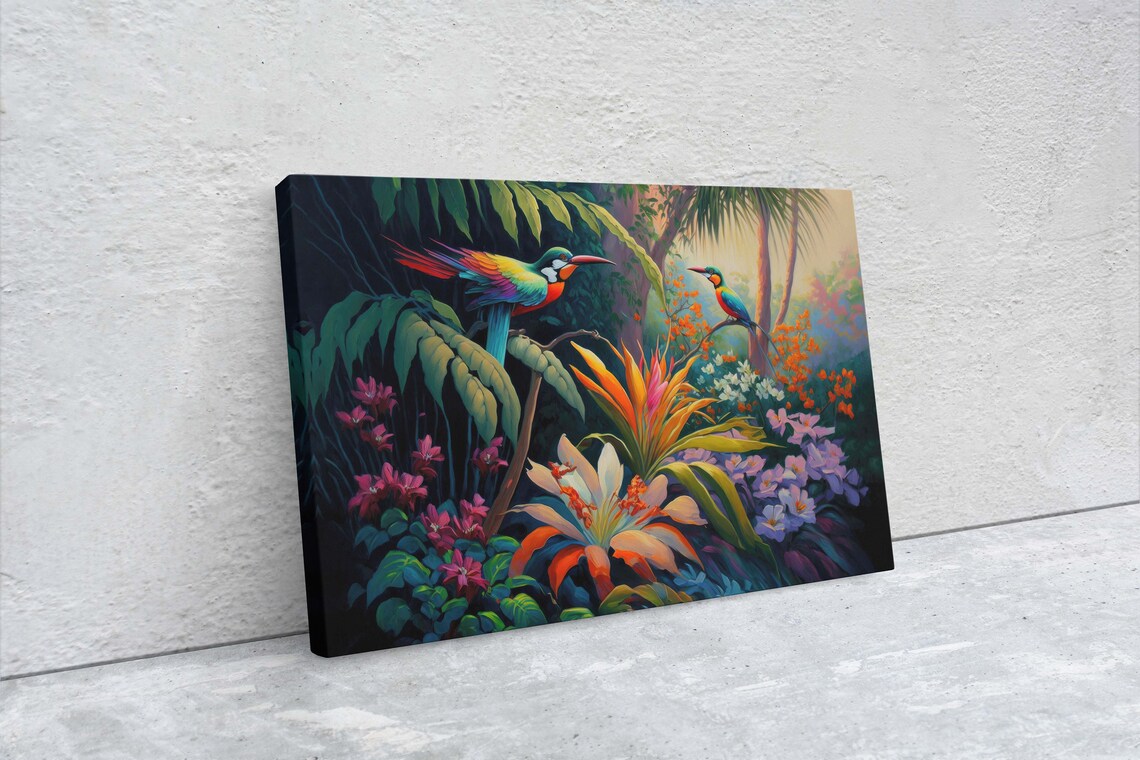 Jungle Birds and Passion Flowers, Oil Painting Art Print - Image 2