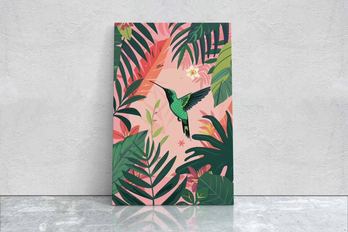 Hummingbird Illustration, Tropical Botanical Print
