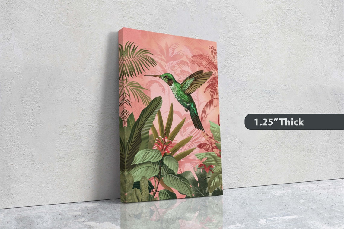 Green Hummingbird Pink Tropical Foliage Exotic Jungle Art Poster - Image 3