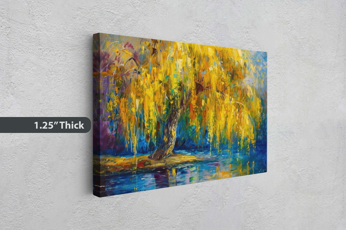 Golden Weeping Willow By Water Impressionist Gold Blue Art Poster - Image 3