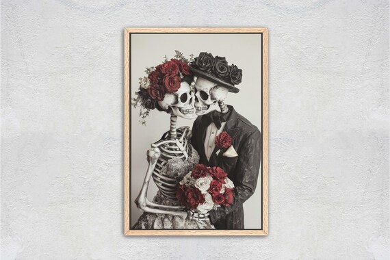 Skeleton Bride and Groom Wedding Portrait Red Roses Gothic Art Print