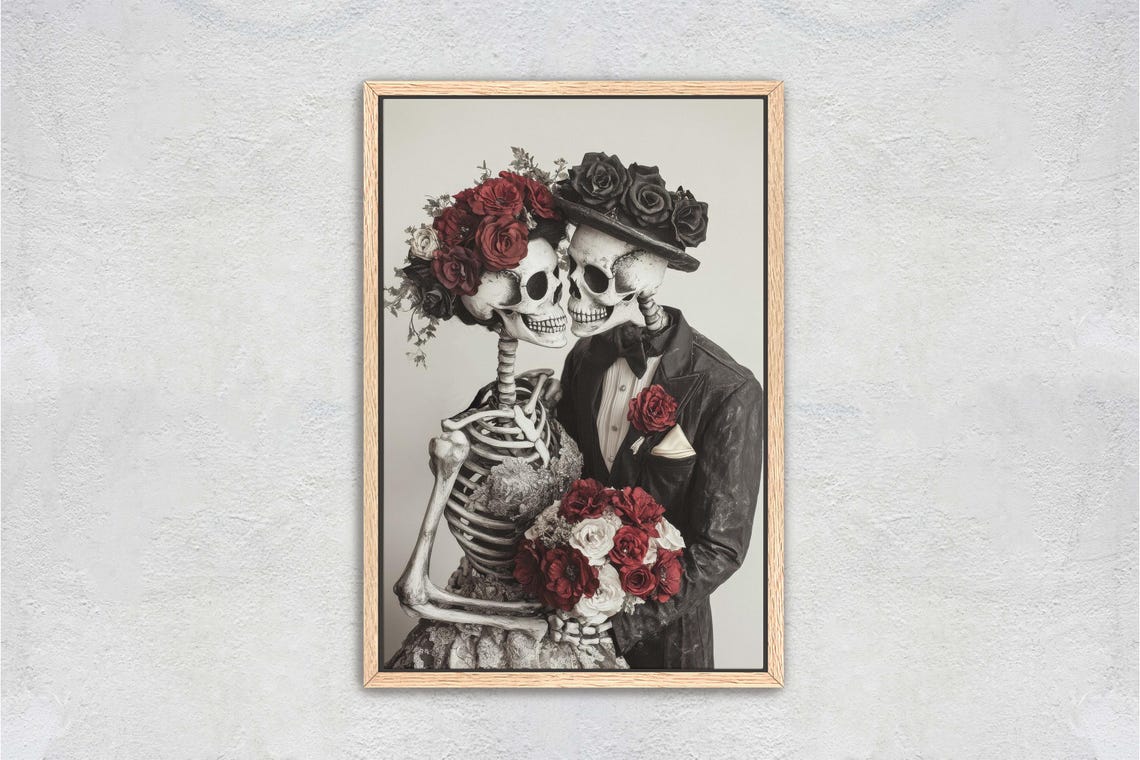 Skeleton Bride and Groom Wedding Portrait Red Roses Gothic Art Print