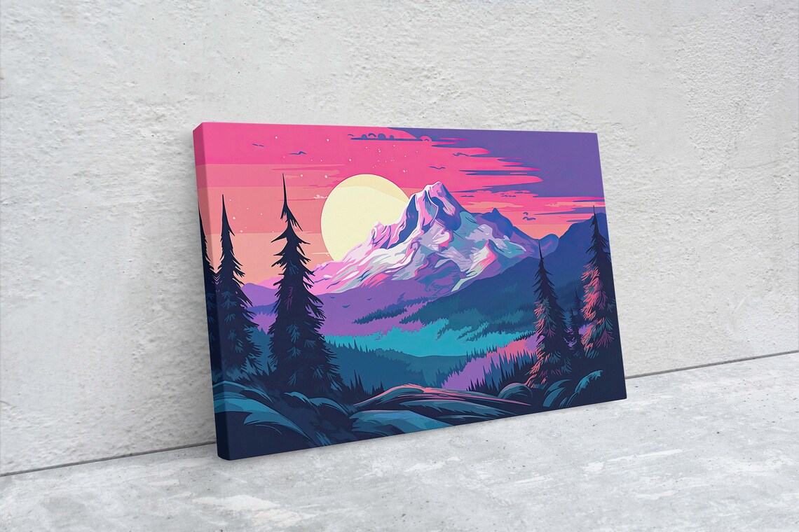 Neon Pink Sunset Snowy Mountain Peak Big Sun Vaporwave Art Poster - Image 2