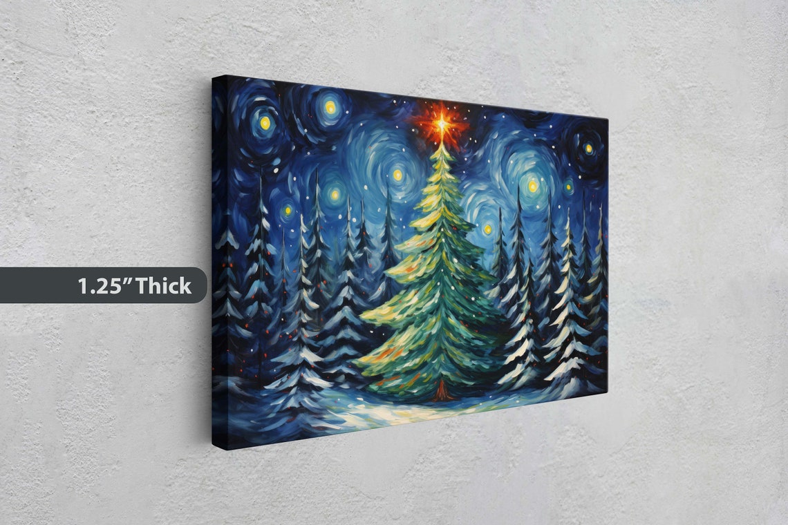 Starry Night Christmas Tree Snowy Pines Winter Holiday Art Poster - Image 2