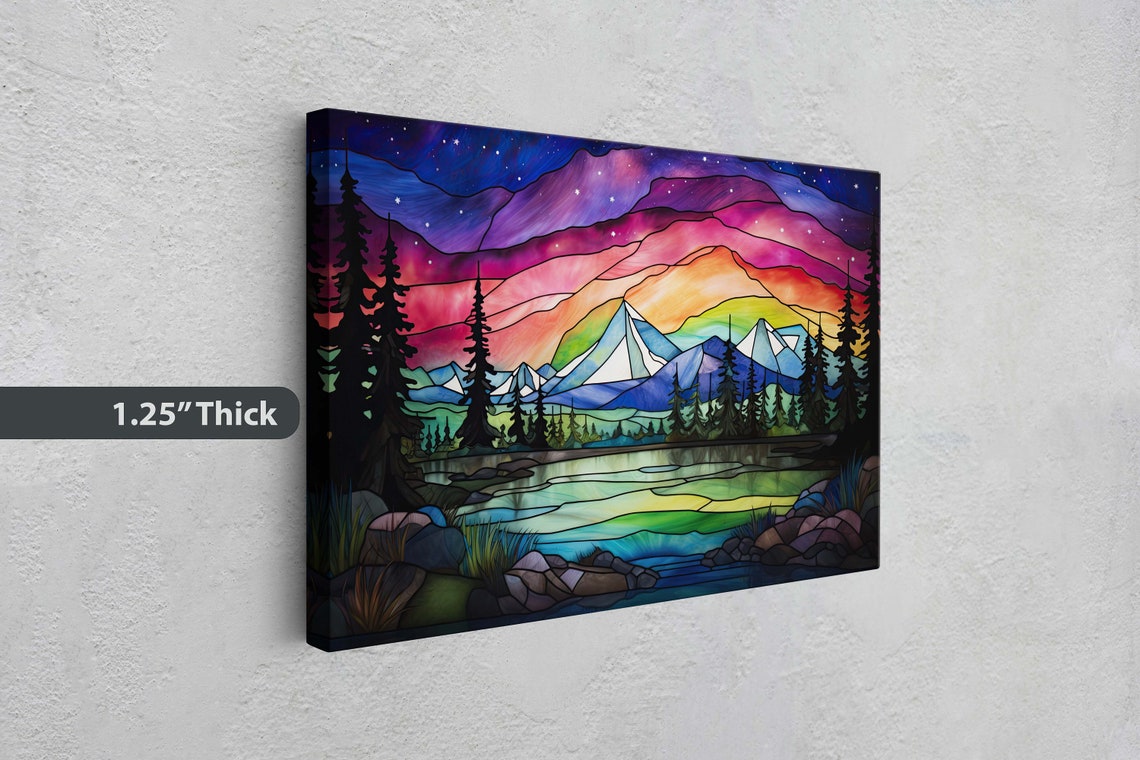 Aurora Borealis Stained Glass Mountain Lake Night Lights Art Print - Image 3