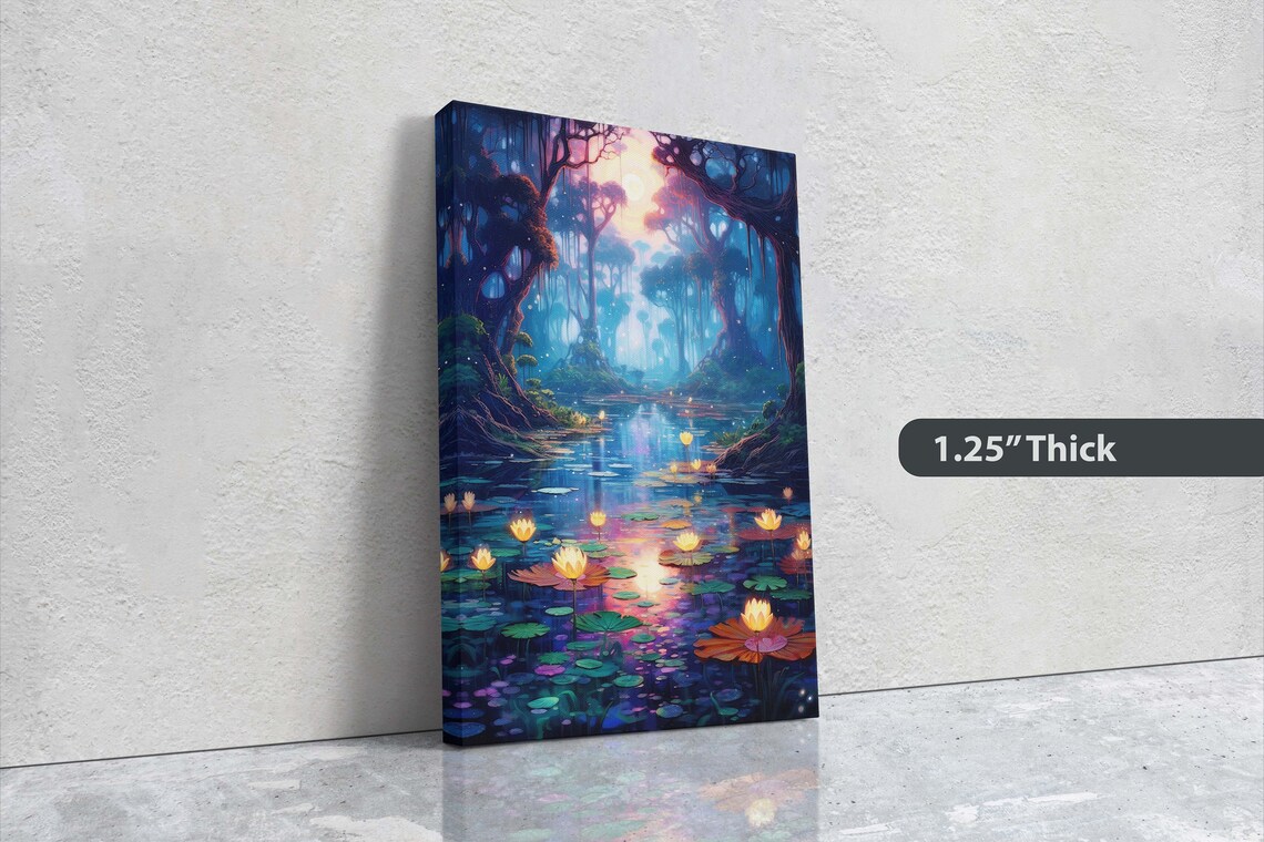 Magical Enchanted Pond Glowing Lotus Flowers Fantasy Forest Art Poster - Image 3