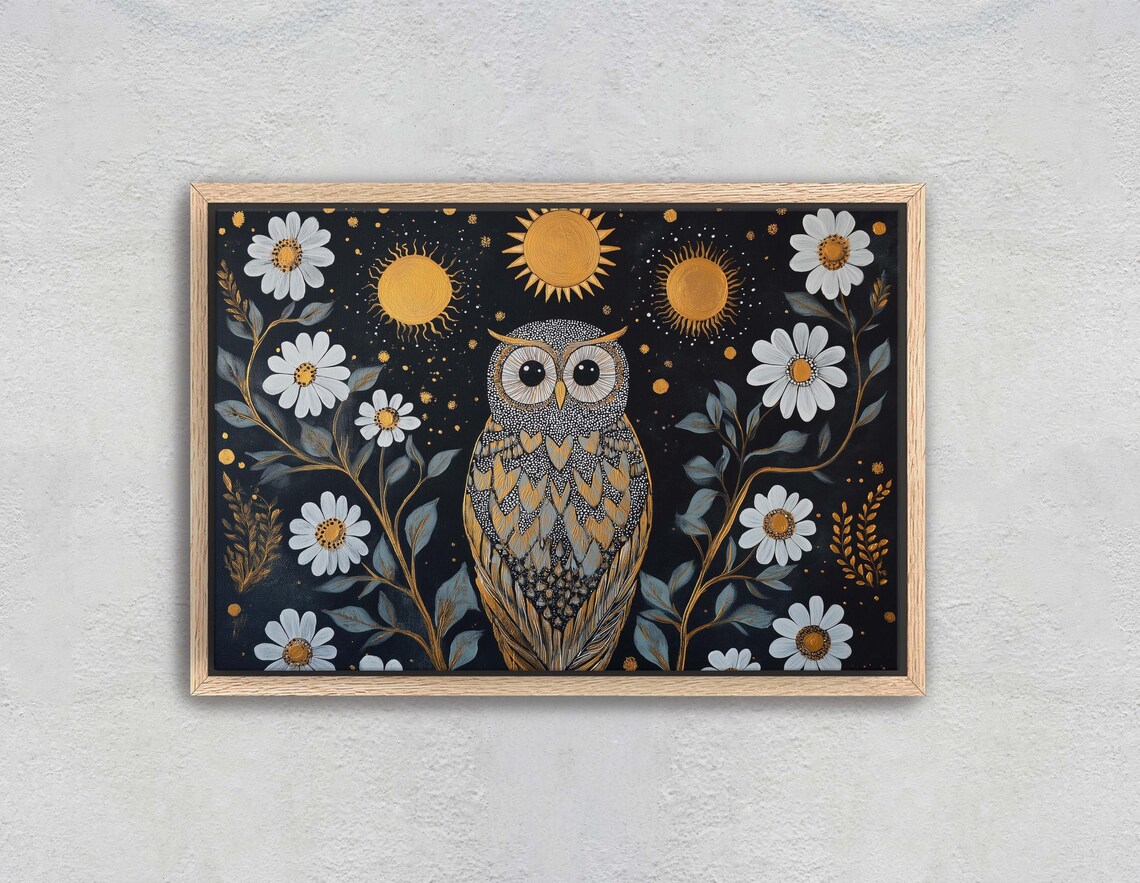 Owl Celestial Folk Art, Whimsical Cottagecore