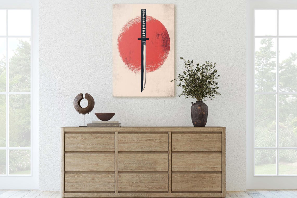 Japanese Katana Sword Over Red Sun Minimalist Japan Art Poster - Image 3