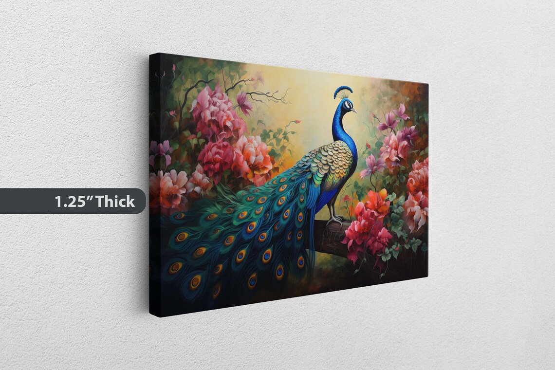 Majestic Peacock Blue Neck Golden Glow Pink Blossoms Bird Art Poster - Image 3