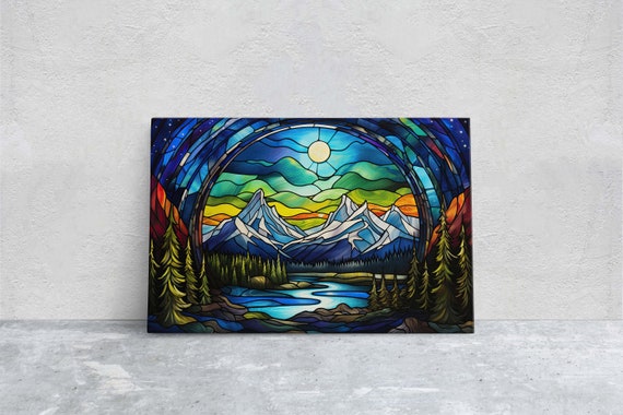 Stained Glass Glaciers Painting Night Moon Mountains Mountain Landscape Framed Cold Mountains Snow Peaks