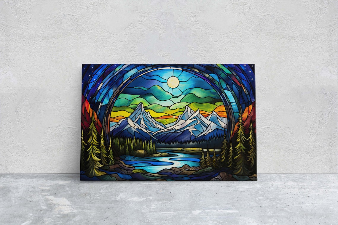 Stained Glass Snowy Mountain Moon Window Arch Lake View Art Print