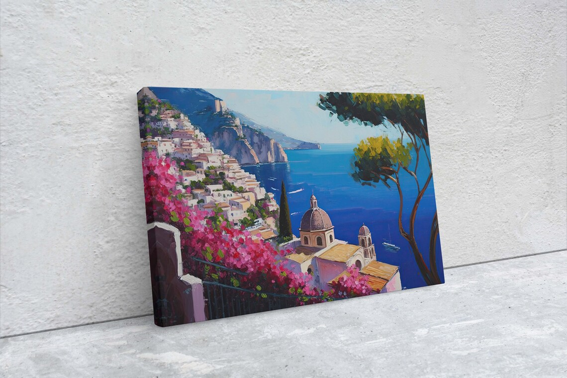 Amalfi Coast Italy Travel Poster, Coastal Flowers View - Image 2