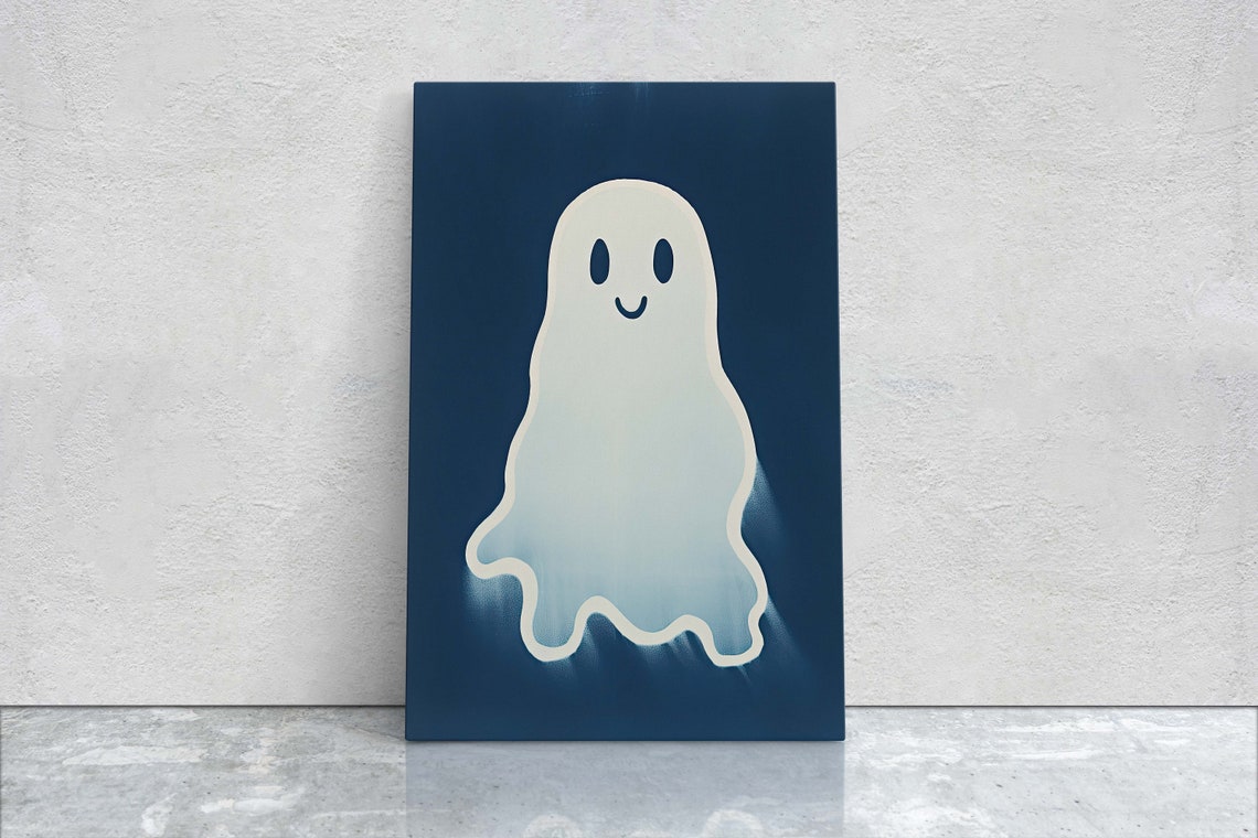 Happy Smiling Ghost Minimalist Navy Halloween Kids Decor Art Poster