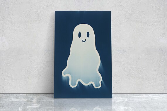 Happy Smiling Ghost Minimalist Navy Halloween Kids Decor Art Poster
