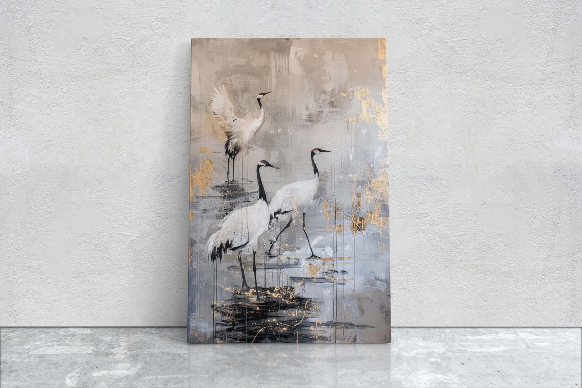 Three Japanese Cranes in Gold Beige Minimalist Japandi Style Wall Art