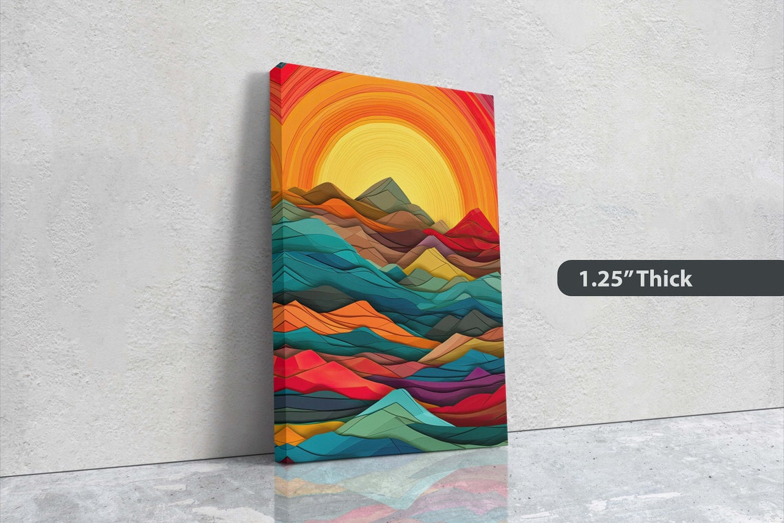 Colorful Layered Mountain Waves Giant Yellow Sun Sunset Art Poster - Image 3