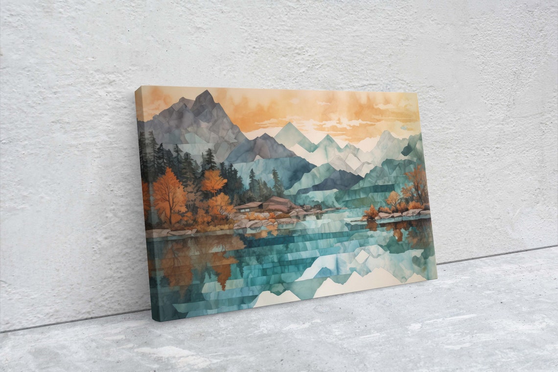 Lakeside Mountains On Lake View Mountains Abstract Landscape Modern Landscape Neutral Tones Subtle Color Watercolor Print - Image 2