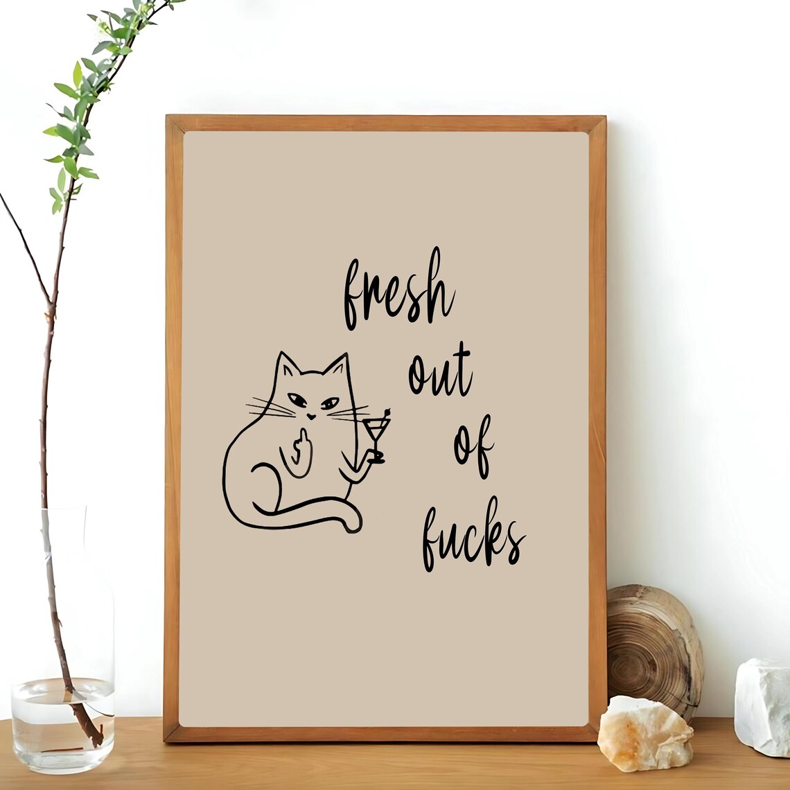 Fresh Out Of Fucks Funny Cat Martini Line Drawing Humor Poster - Image 3