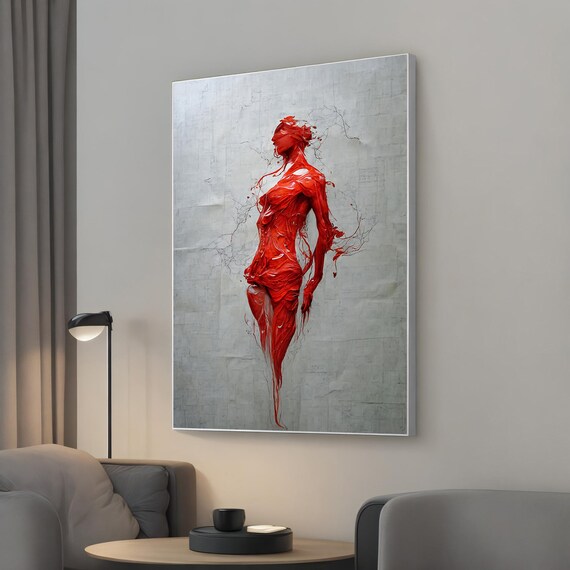 Red Painted Woman Silhouette Canvas Painting Elegant Girl Wall Art For Modern Luxury Home Decor Statement Piece