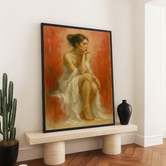 Thoughtful Woman White Drape Red Impressionist Oil Portrait Print