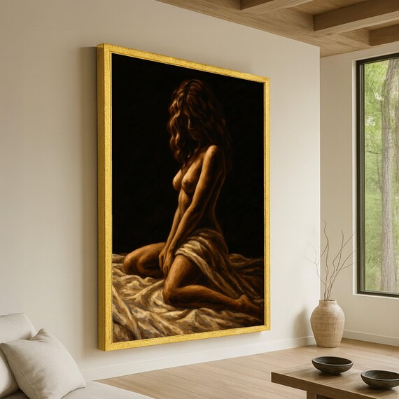 Sensual Nude Woman Canvas Artistic Female Figure Wall Art Warm Brown Tones Classic Figurative Painting Home Decor