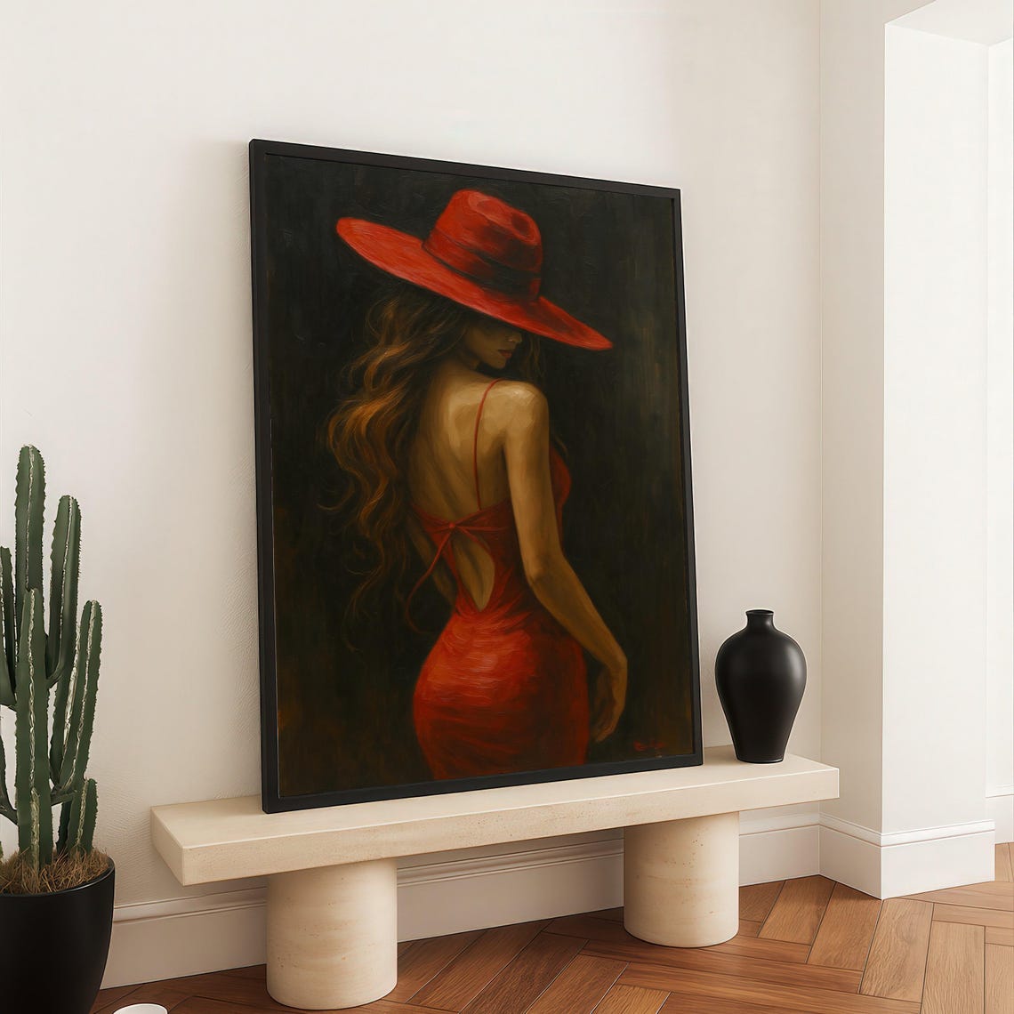 Elegant Woman In Red Dress And Hat Canvas Glamour Portrait Wall Art Fashionable Female Silhouette Modern Home Decoration