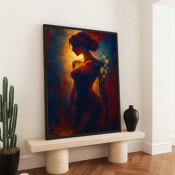 Abstract Female Silhouette Blue Gold Red Expressive Figurative Art Poster