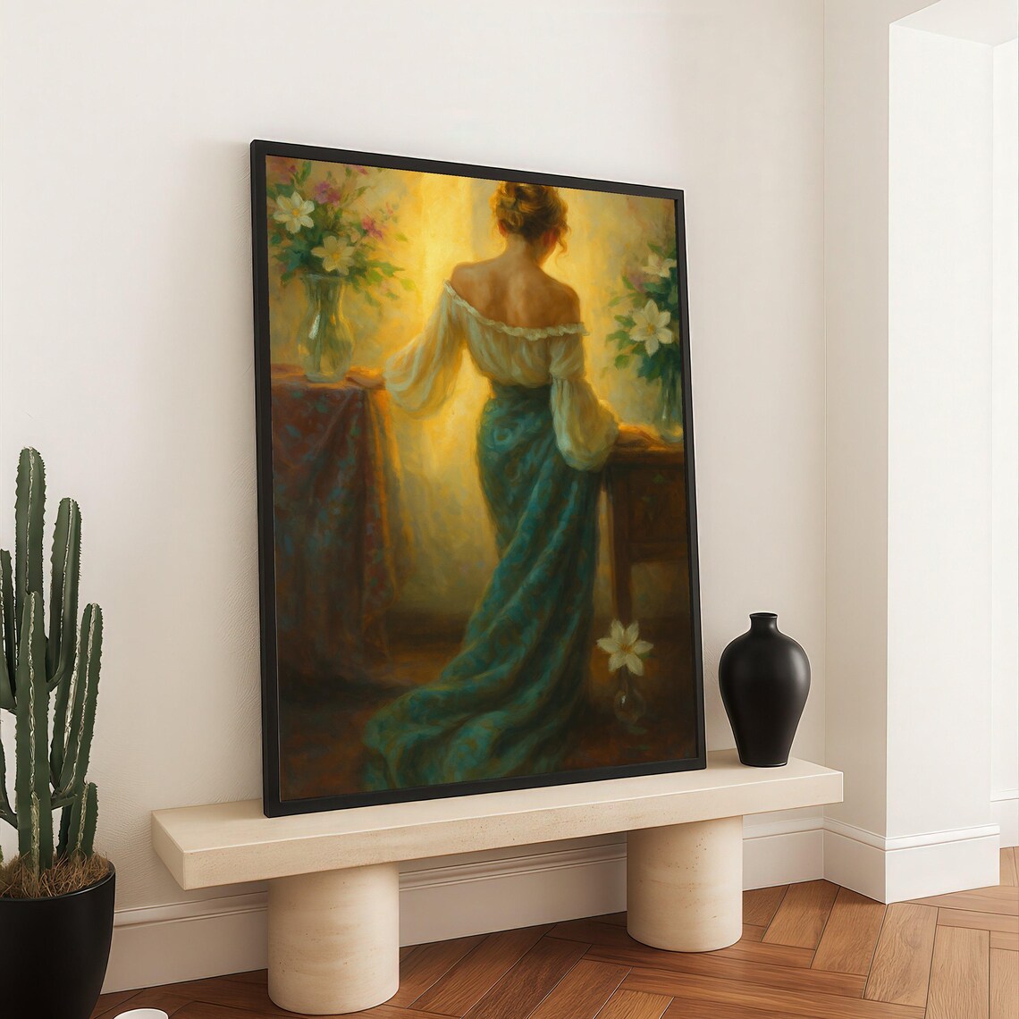Woman Vintage Dress Golden Window Light Romantic Oil Painting Poster