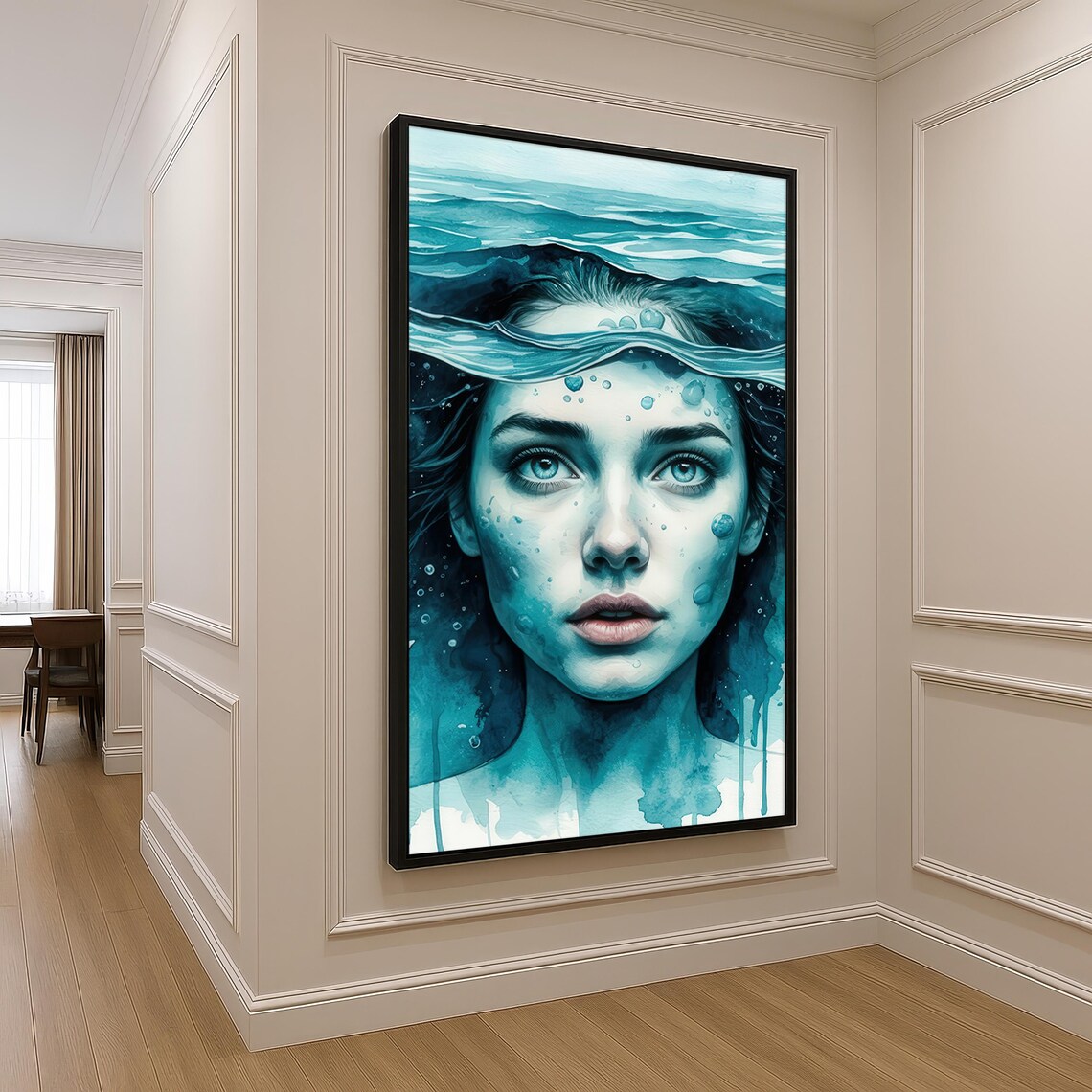 Underwater Woman Watercolor Portrait Teal Surreal Art Poster