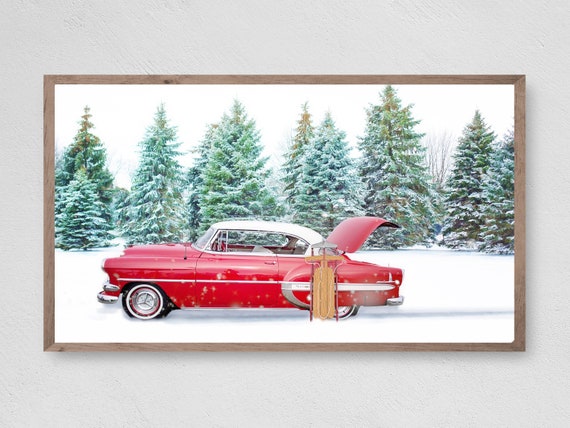 Vintage Car Christmas Art Print, Winter Holiday Decor