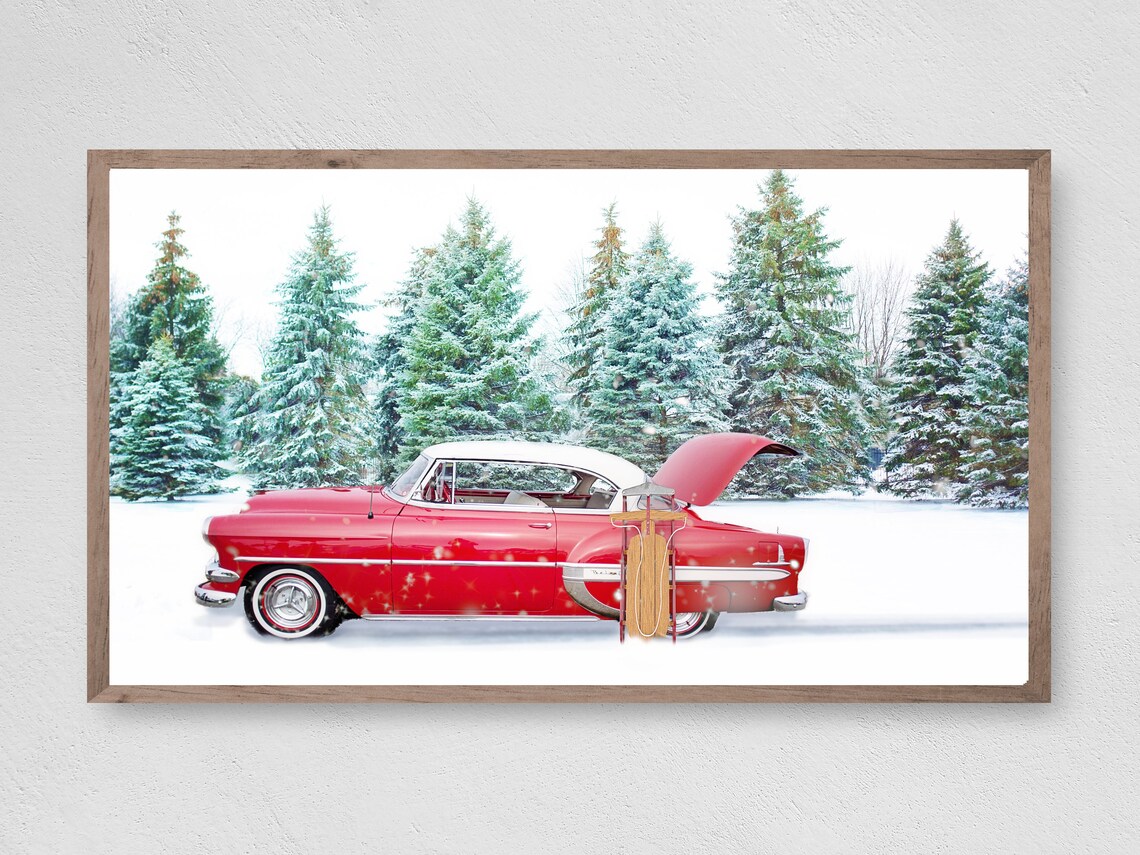 Vintage Car Christmas Art Print, Winter Holiday Decor