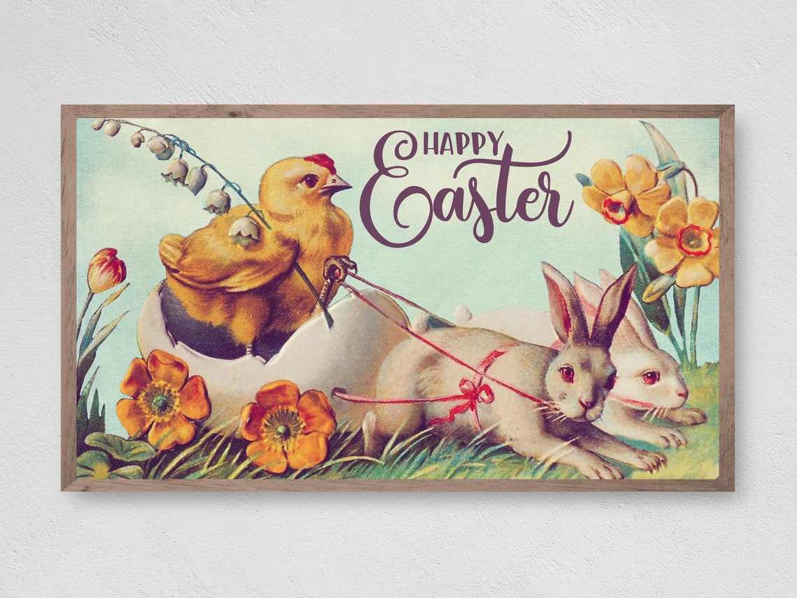 Vintage Happy Easter Chick Bunny Sleigh Spring Floral Art Print