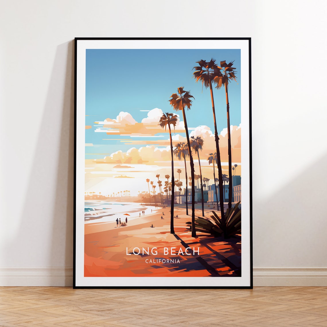 Long Beach California Palm Lined Shore Sunset Beach Day Poster