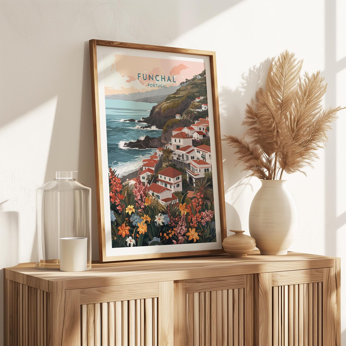Funchal Portugal Hillside Town Red Roofs Ocean Flowers Wall Poster - Image 2