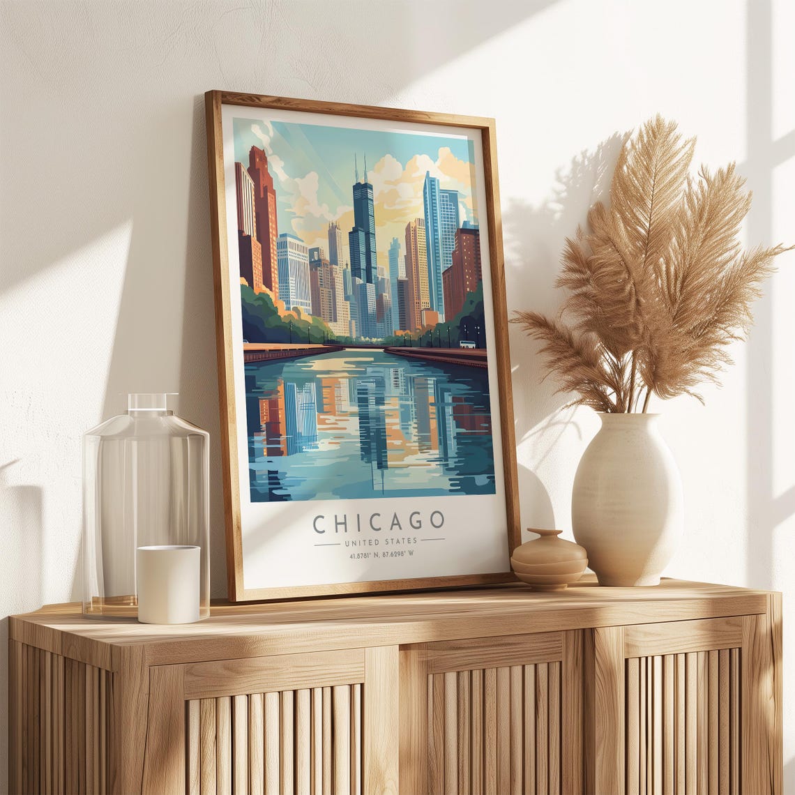 Chicago Illinois Riverside Skyline Reflection Downtown Towers Poster - Image 3