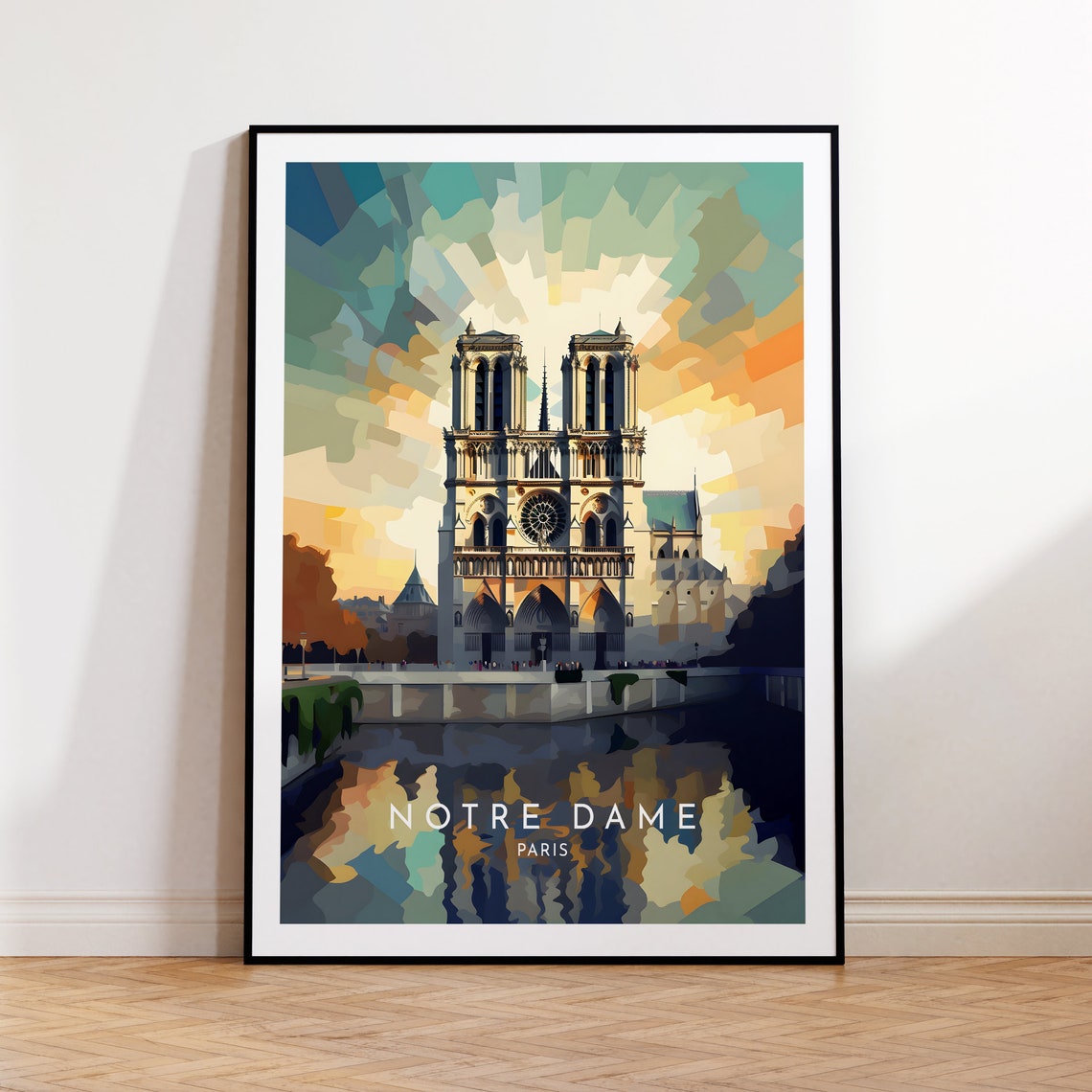 Notre Dame Paris Cathedral Sunset Travel Poster with Seine Reflection