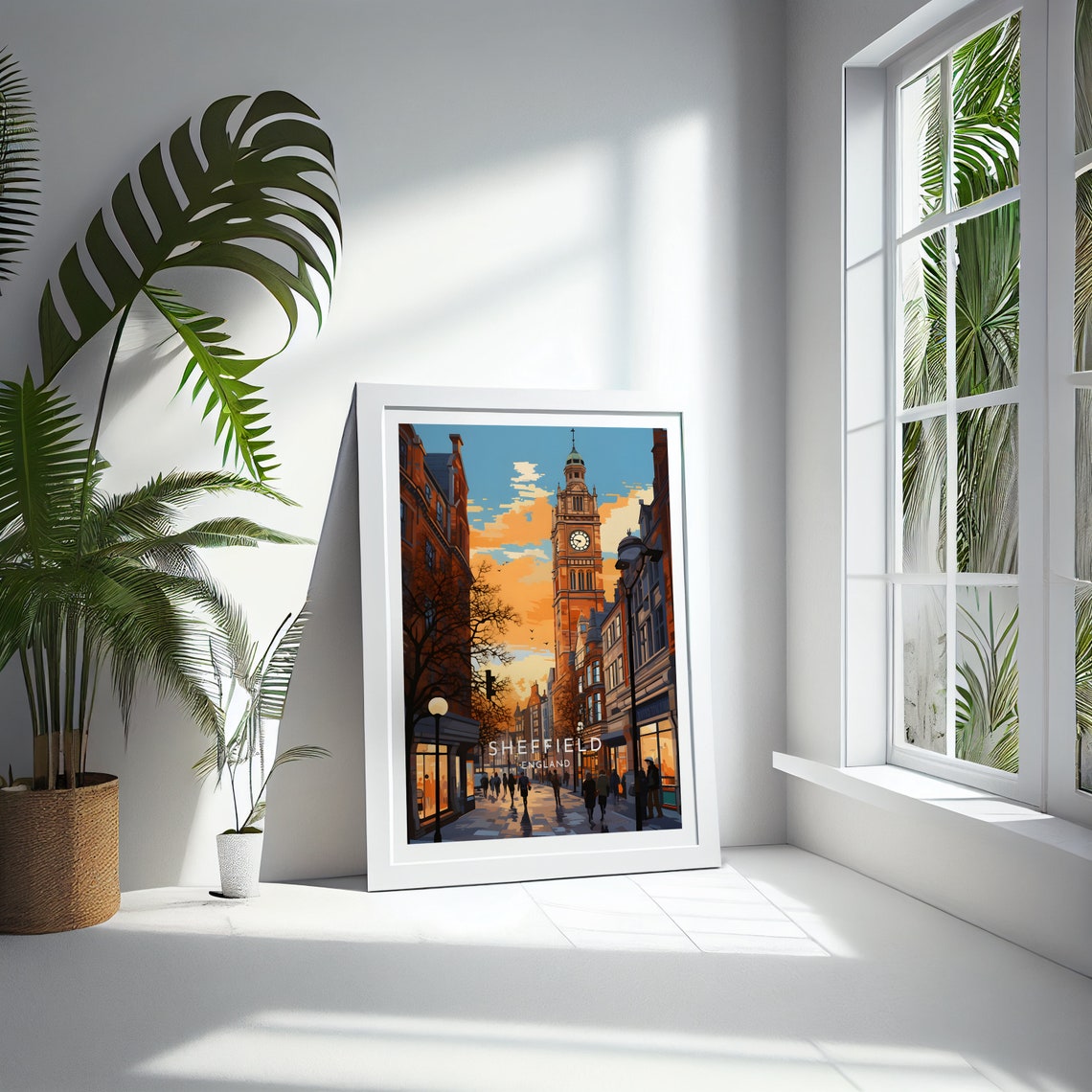Sheffield England Clock Tower Evening Street Warm Lights Poster - Image 4