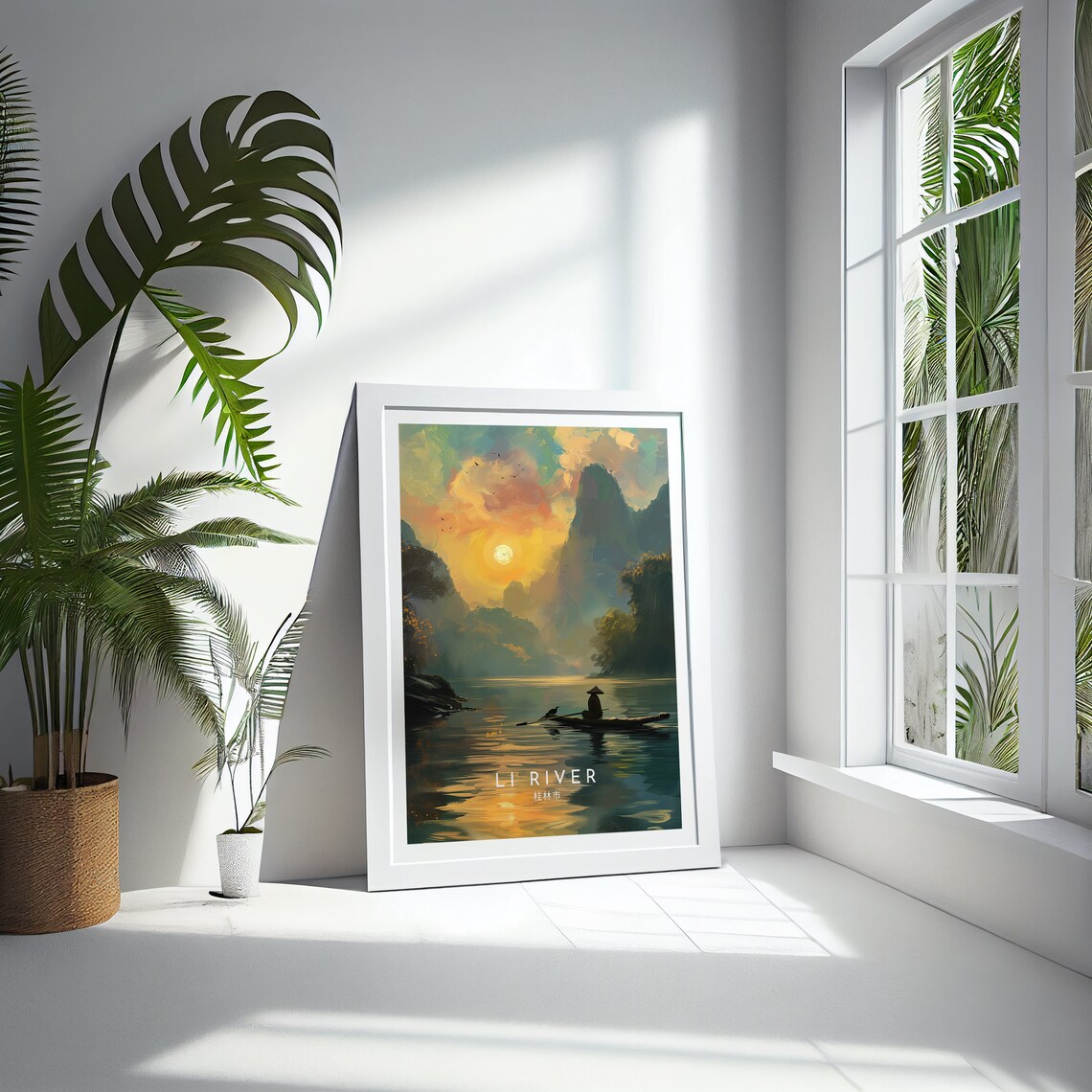Li River Cormorant Fisherman Gliding at Golden Sunset China Poster - Image 4