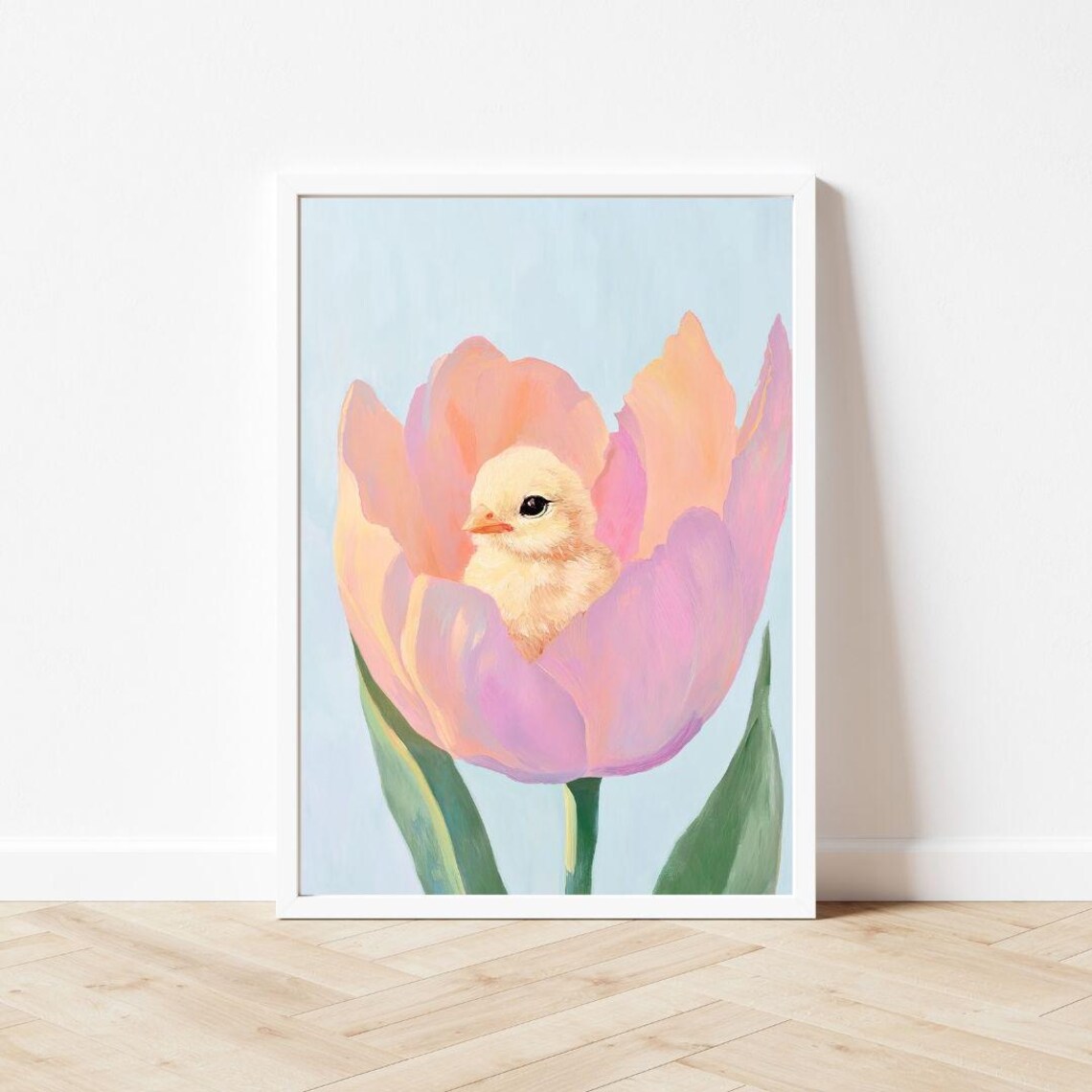 Baby Chick in a Pink Tulip, Easter Nursery Art Print - Image 3