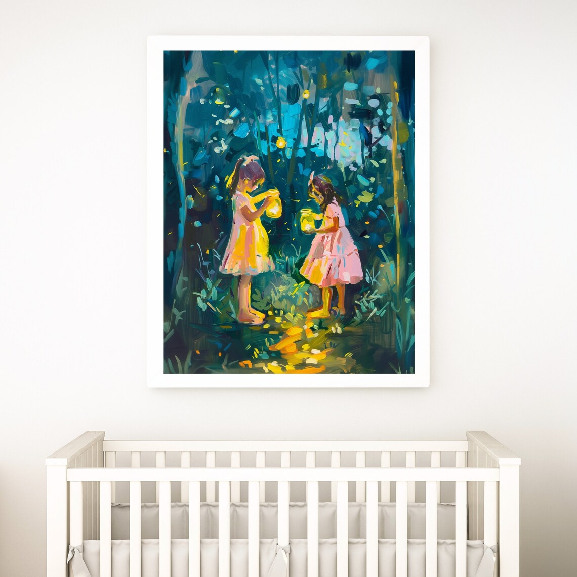 Sisters Catching Fireflies, Whimsical Summer Night Art Print - Image 2