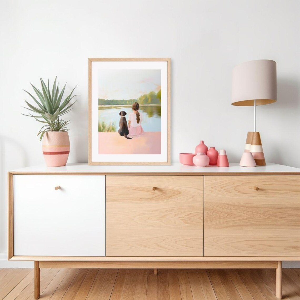 Girl And Dog At The Lake Pastel Sunset Childhood Friendship Poster - Image 2