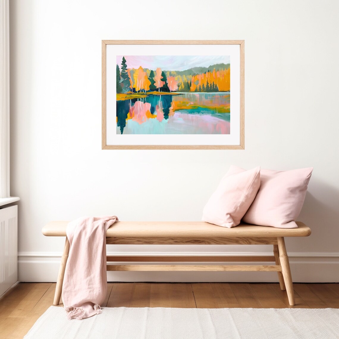 Vibrant Autumn Forest Lake Reflections Landscape Painting Poster - Image 2