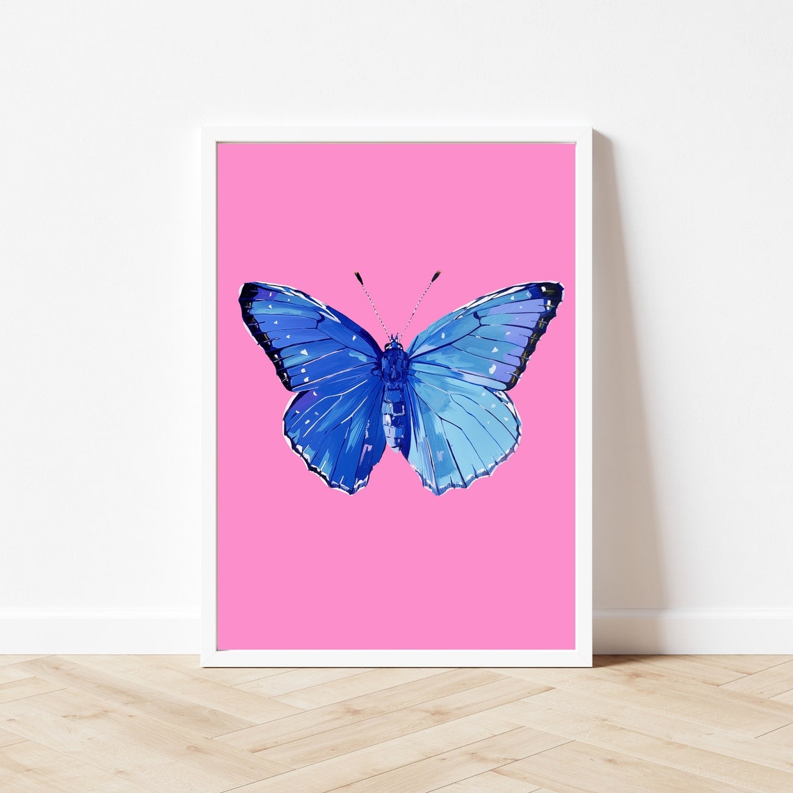 Blue Butterfly Painting Colorful Animal Wall Art Print Trendy Girly Pink Whimsical Kids Room Playroom - Image 3